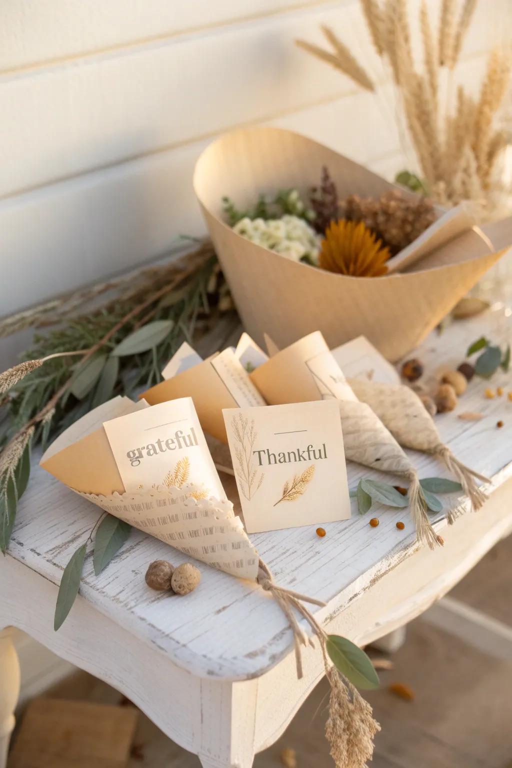 Welcome the spirit of gratitude exhibiting a handcrafted horn of plenty exhibiting heartfelt thanks. #ThanksgivingCrafts #MinimalistDecor