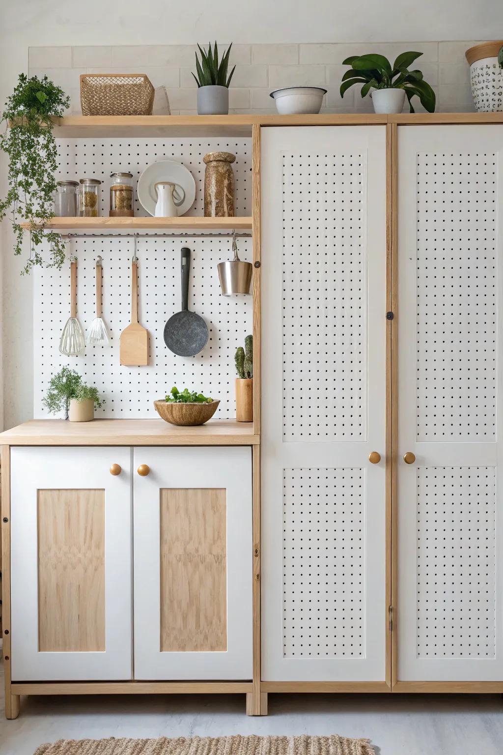 Transform your kitchen with pegboard doors for a chic and functional twist on classic cabinetry.