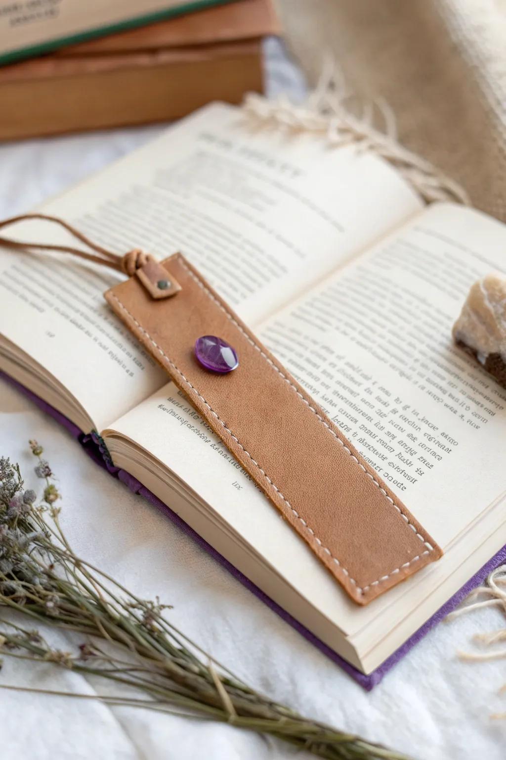 Introduce a dash of enchantment to your reading with this leather bookmark inlaid with amethyst.