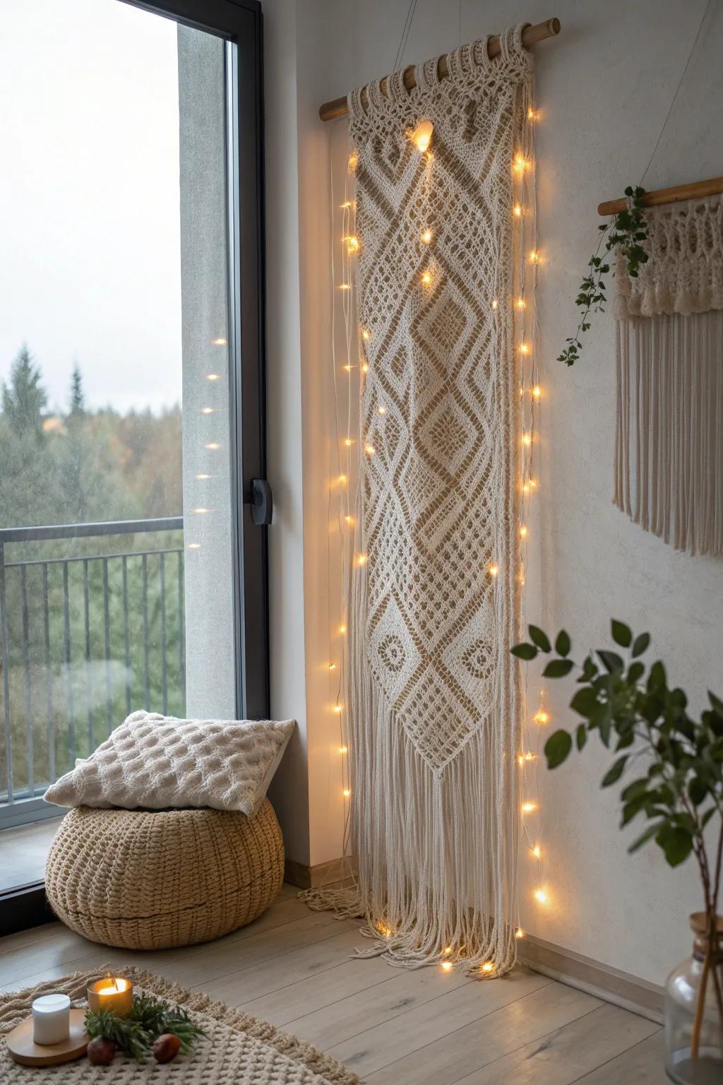 Transform your space into a snug retreat with a glowing macrame masterpiece.