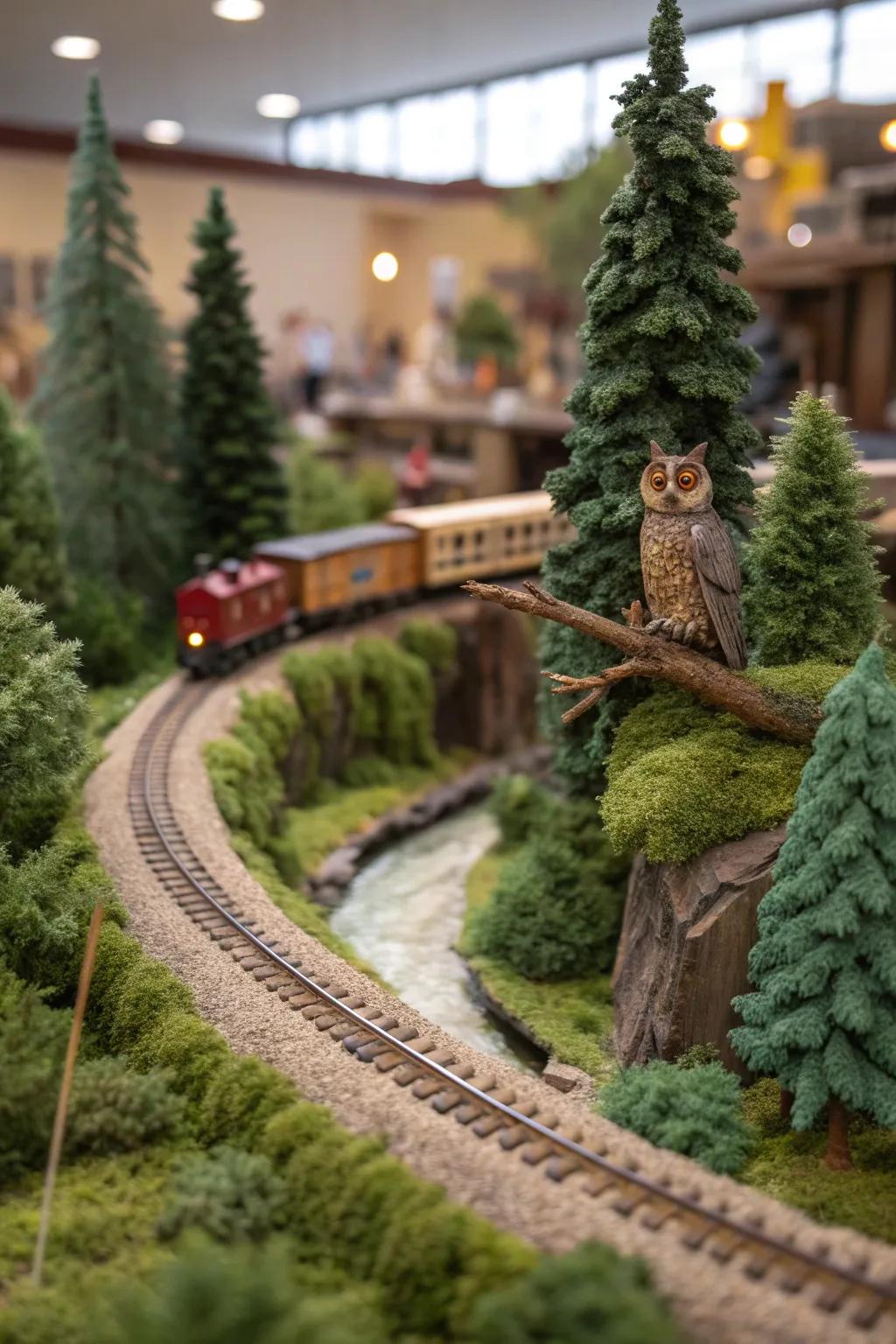 Uncover the charm in the nuances: a concealed owl in a train model woodland.