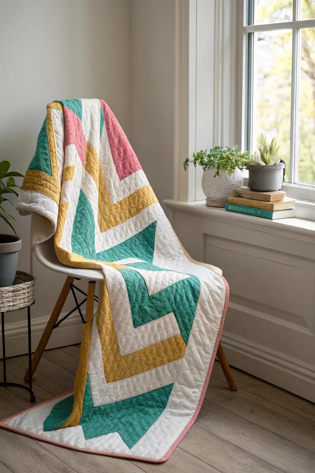 Chevron Sophistication: Elevate your quilt prowess with a contemporary twist of vibrant, captivating patterns. #QuiltInspiration #ChevronChic