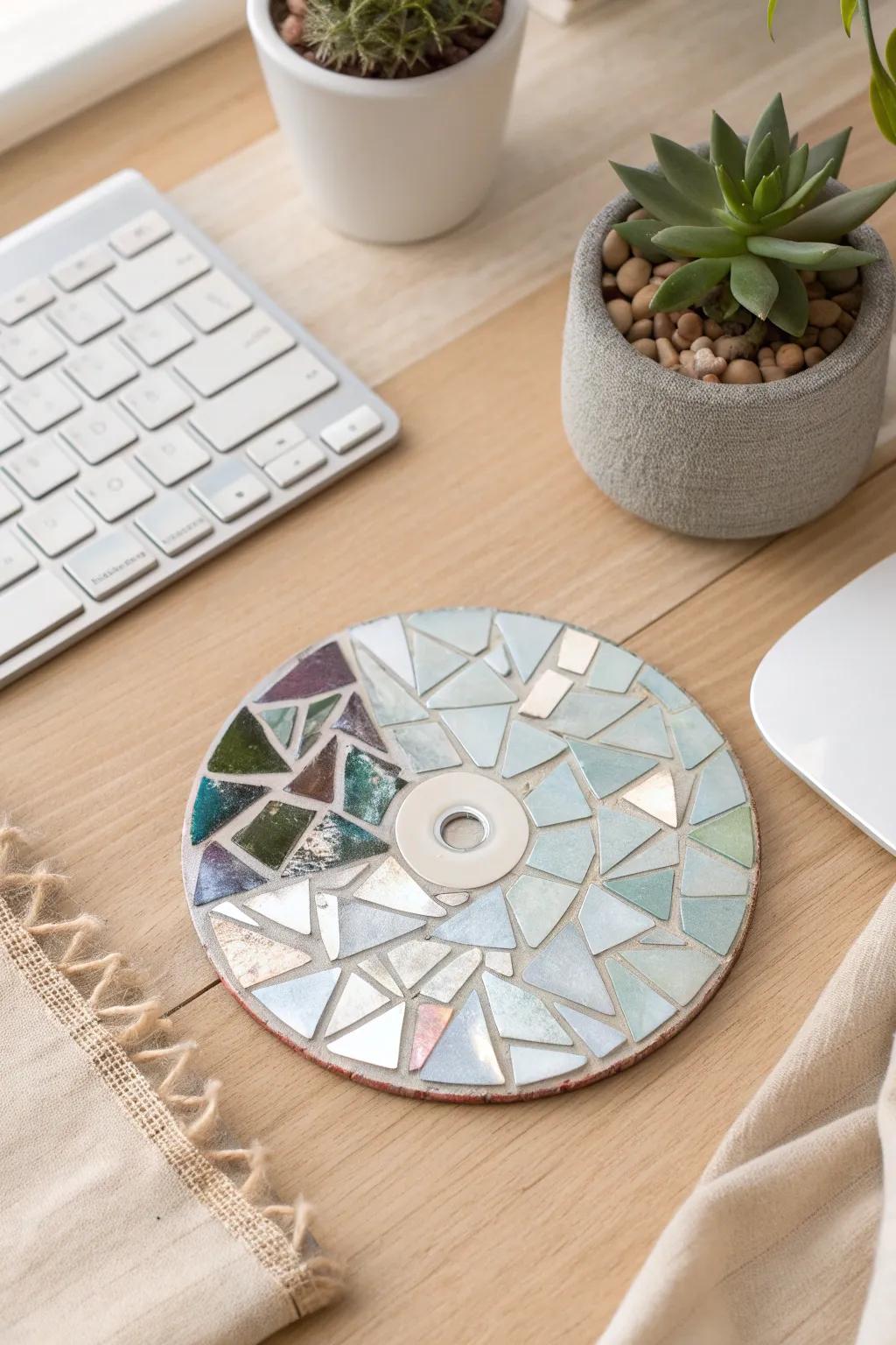 Transform tech detritus into artistry with these stunning mosaic coasters fashioned from repurposed optical discs. #EcoChic #ScandiBoho