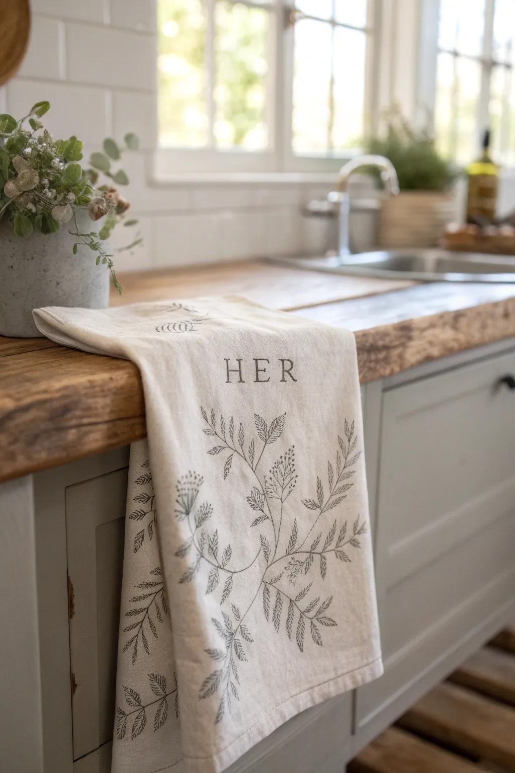 Infuse a touch of elegance into her culinary domain with a personalized towel that speaks volumes of affection and thoughtfulness.