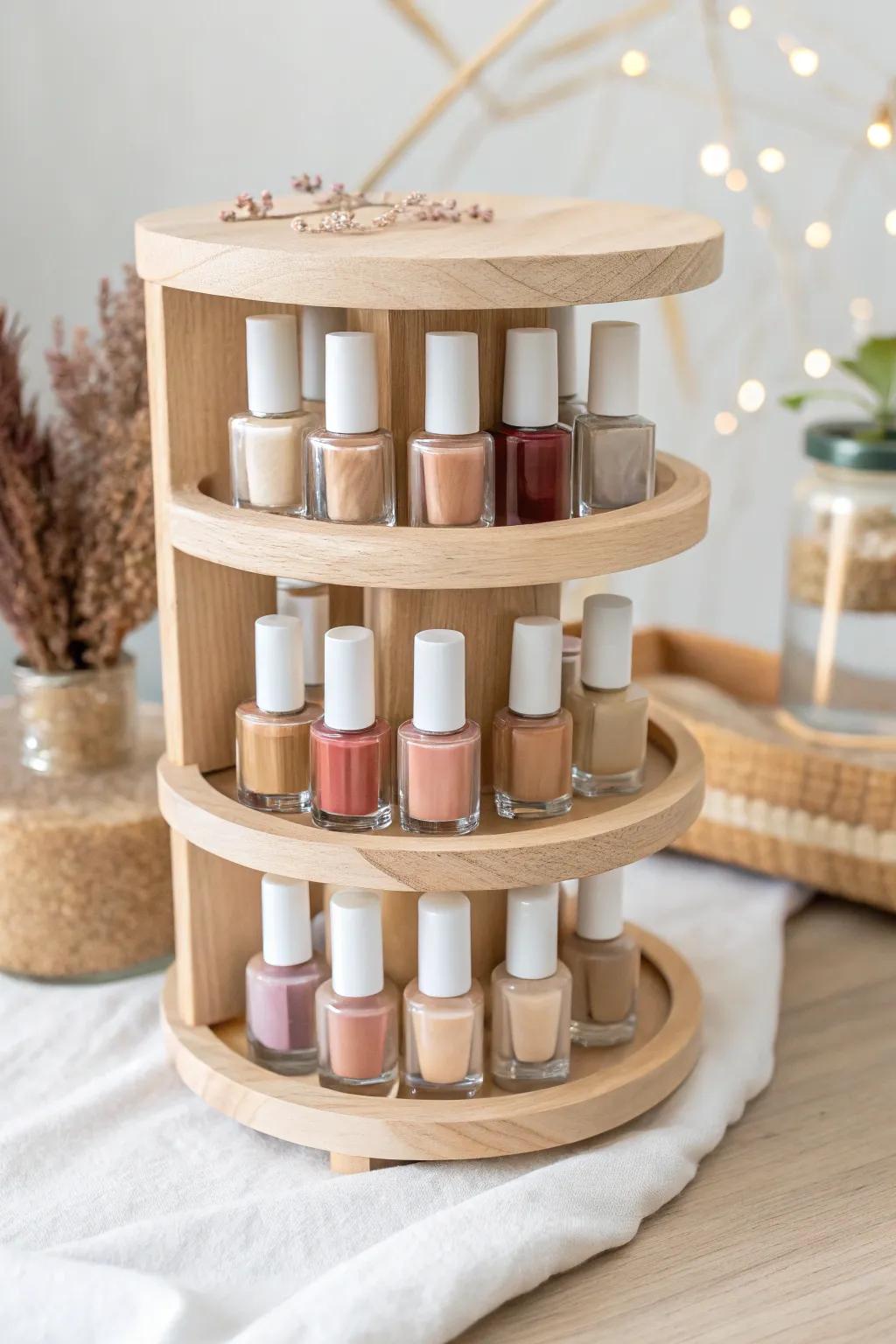 Elevate your enamel stowage through this chic and pragmatic swiveling rack, wherein Scandinavian simpleness encounters bohemian allure.