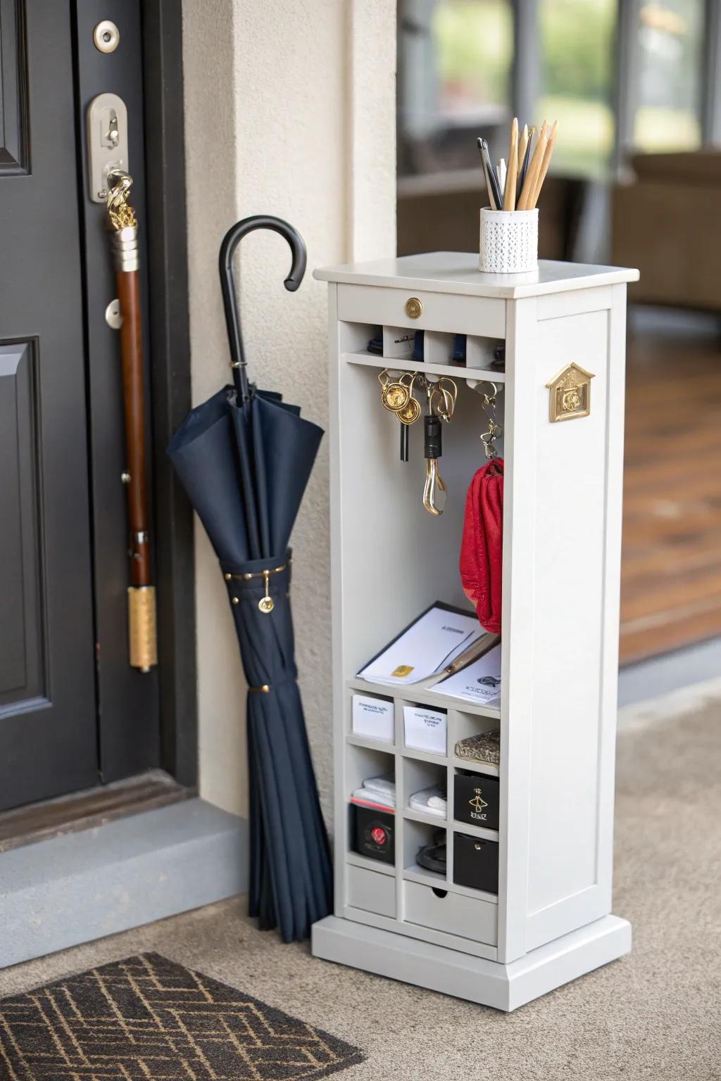 Slim cupboards in entryways keep daily essentials arranged.