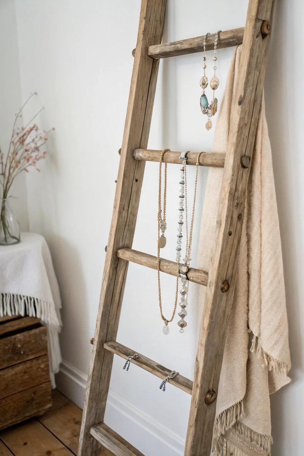 Transform aged into gold: a rustic ladder becomes the perfect minimalist necklace display.