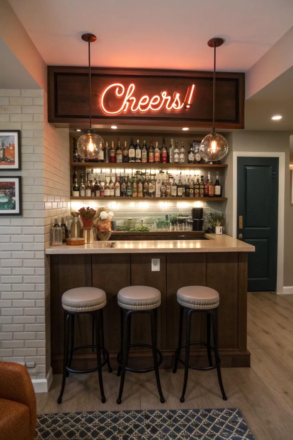 A home bar with a festive illuminated sign.