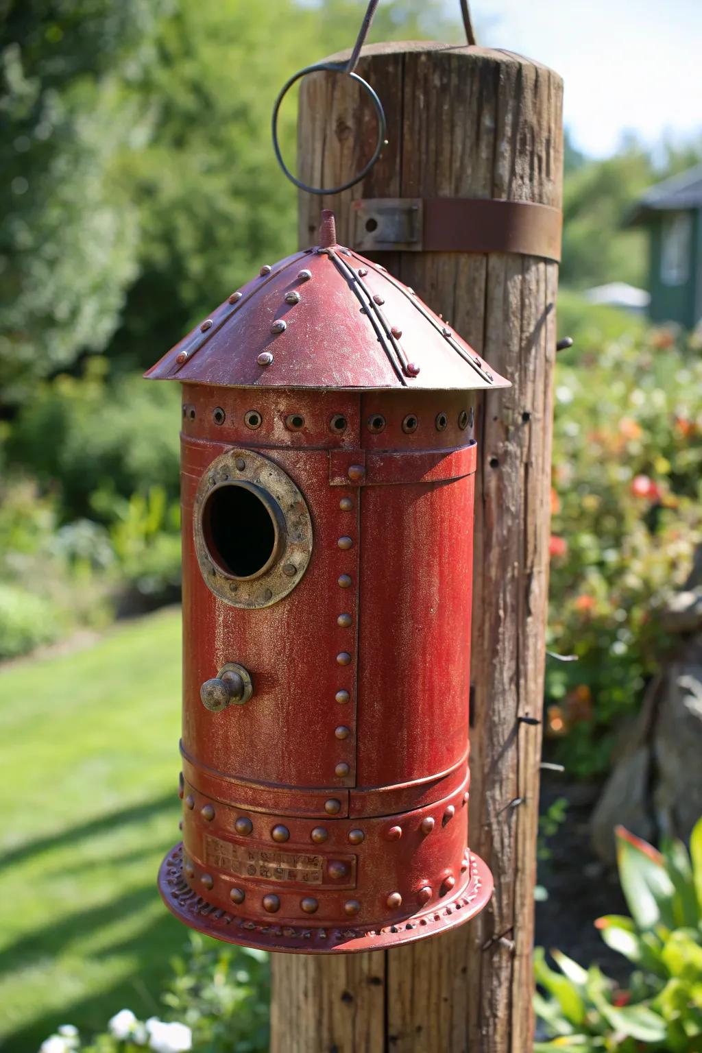 From flame to feathered friend: A vintage fire extinguisher finds new life as a charming garden birdhouse.