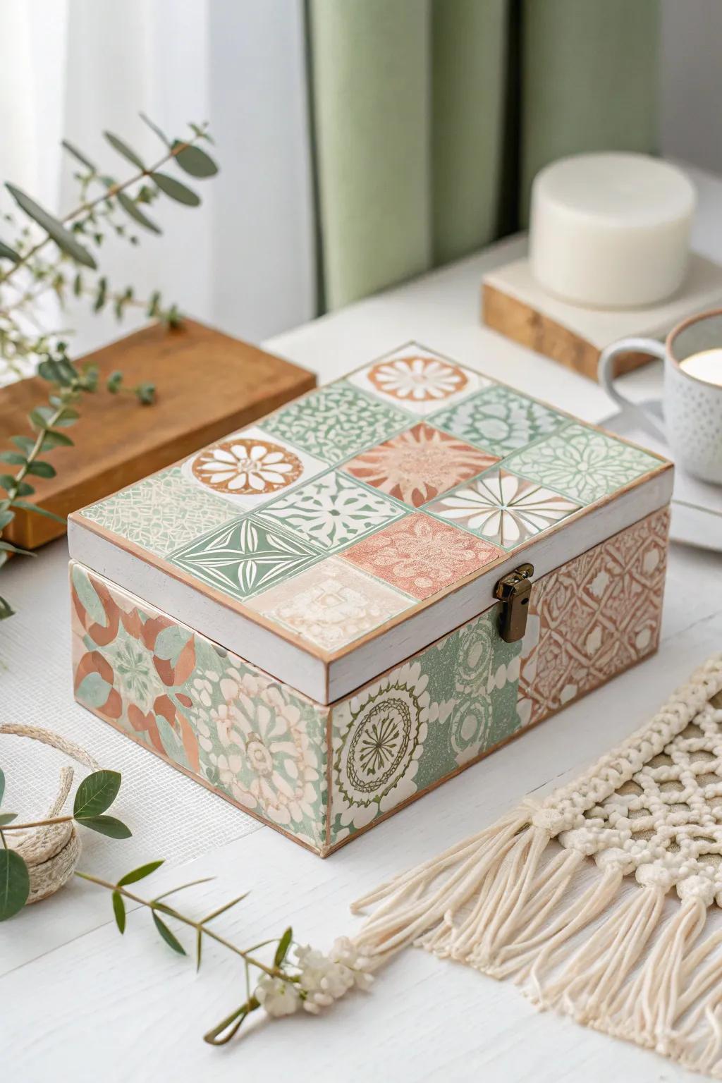 Embrace the charm of patchwork with this beautifully eclectic storage box, where craftsmanship meets playful design.