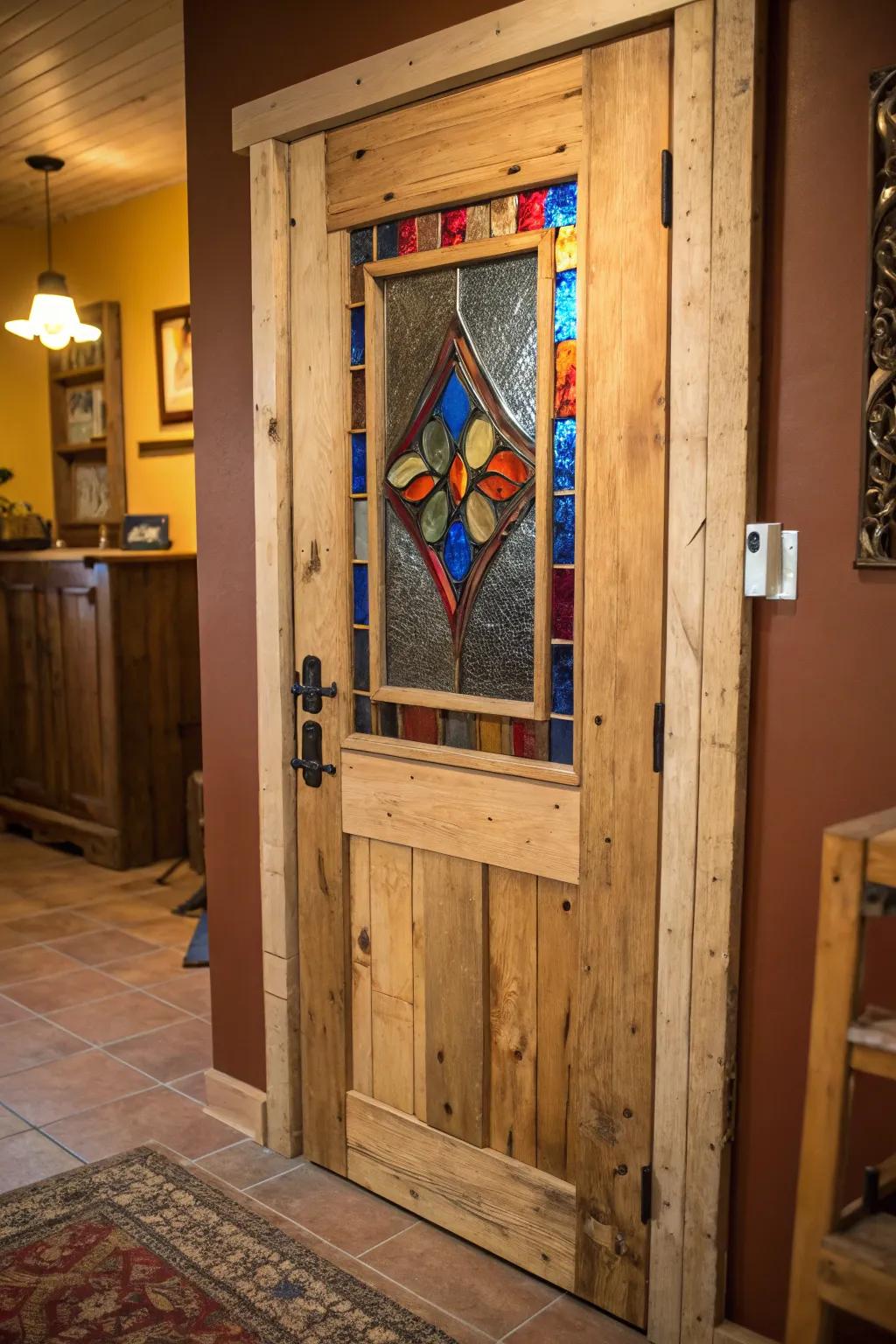 Illuminate your area through the artistry of a colored glass pallet door.