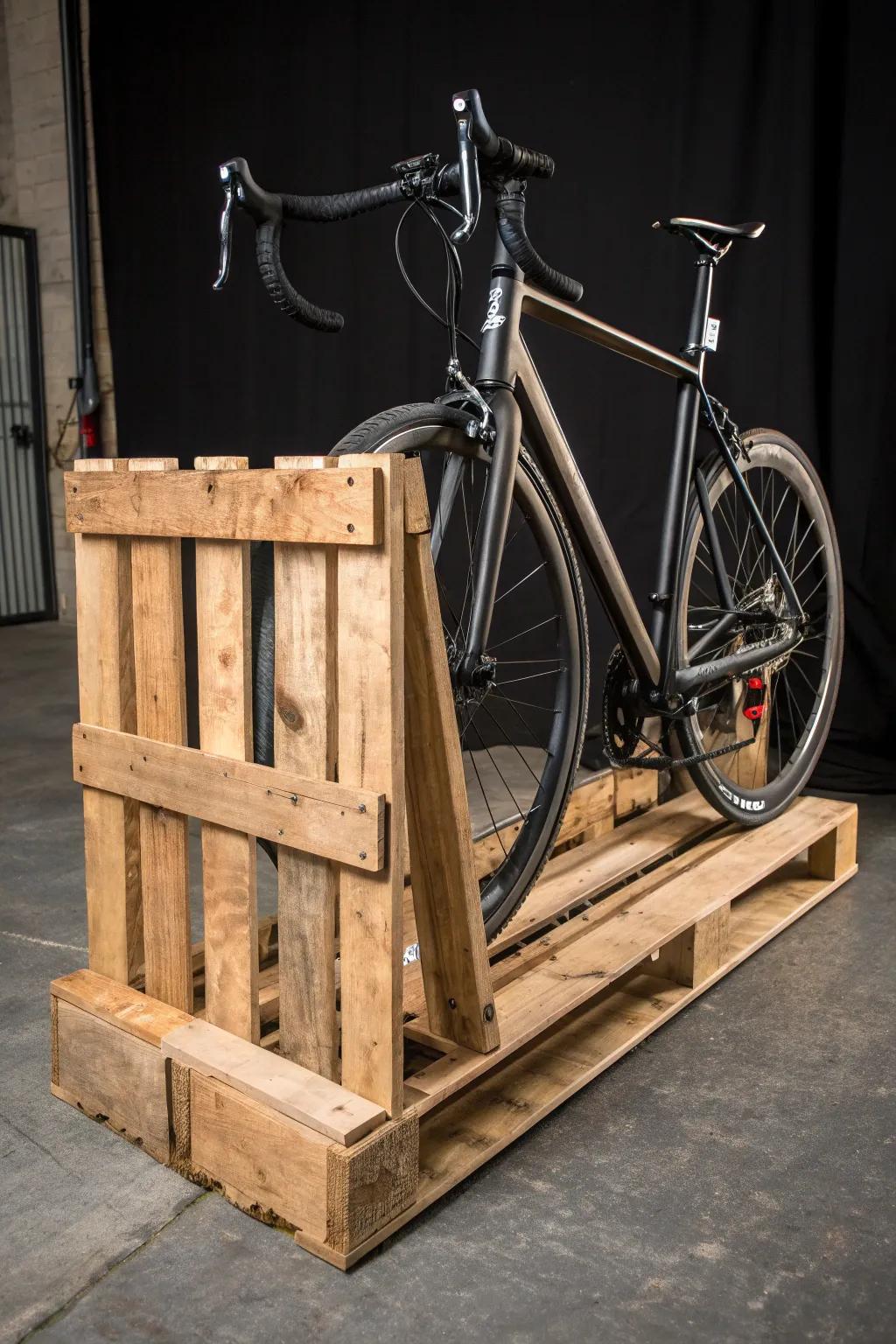 Transmute your ambiance with this bespoke pallet bike rest – a convergence of rustic allure and contemporary organization.