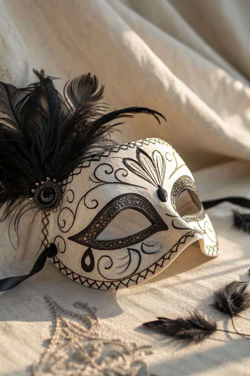 Welcome Mystery: A Shadowy Sentimental Mask Displaying Patterned Strips and Plumage