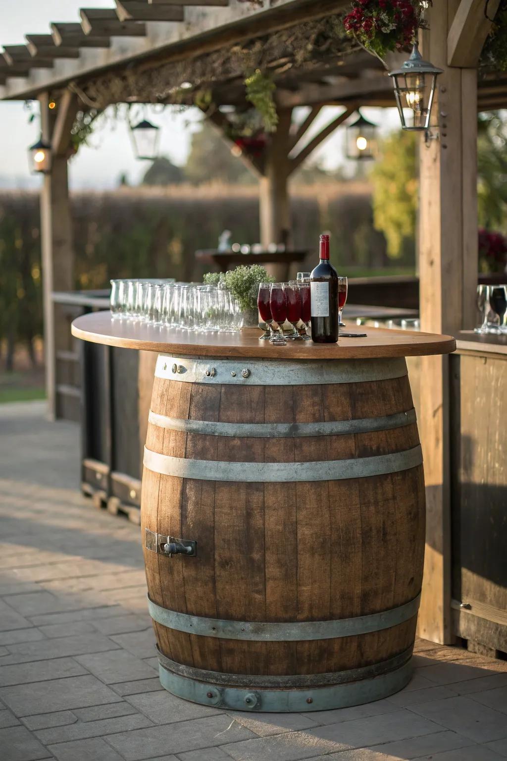 Transform your space with a vintage wine cask bar – the perfect blend of rustic charm and craftsmanship.