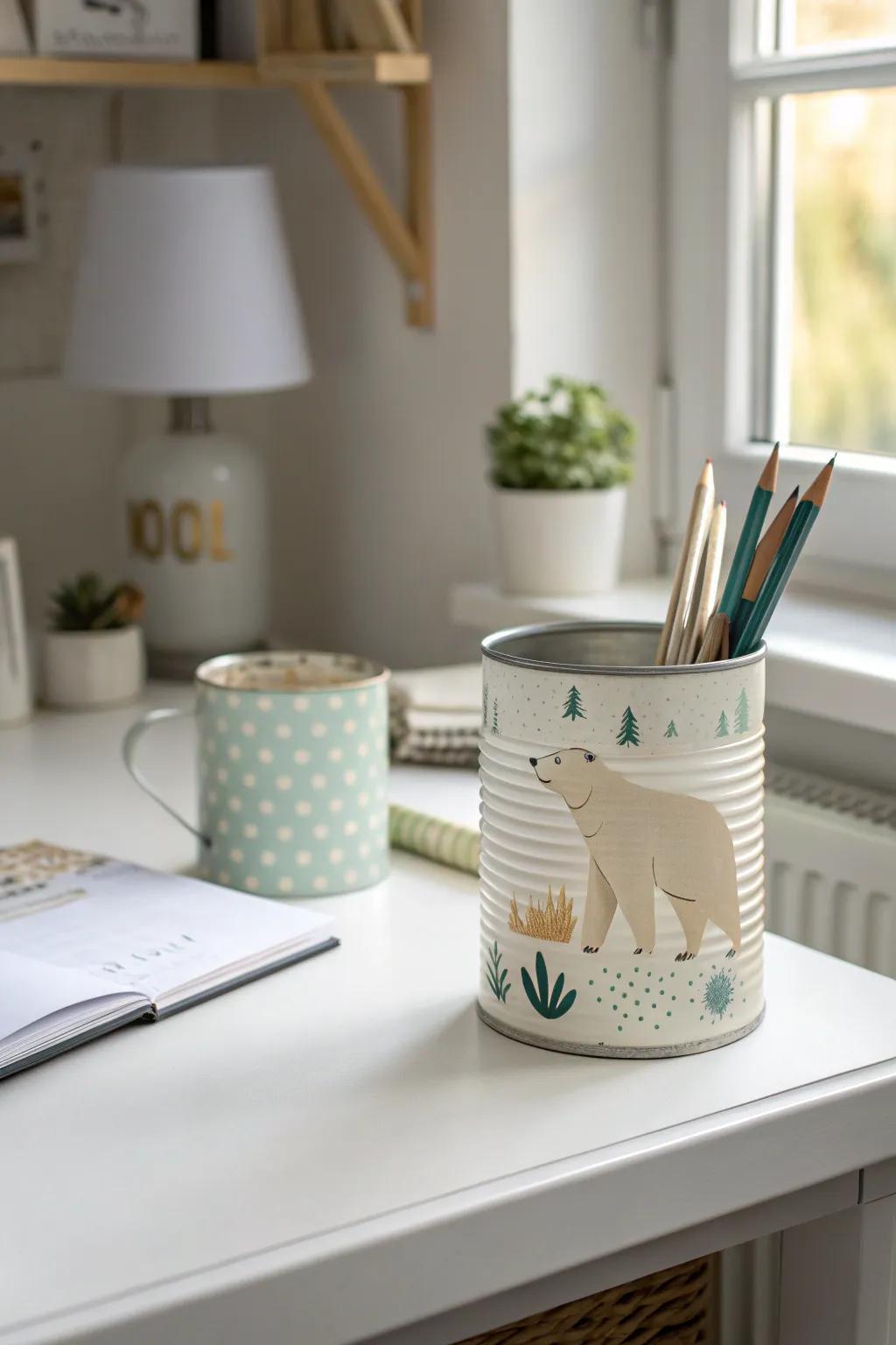 Add a touch of caprice and association to your workspace with this charming frigid bear desk neat, crafted from reused materials. #SustainableStyle #MinimalistDecor