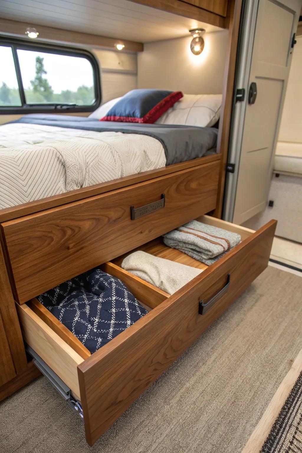 With expertly made under-bed storage drawers, you can maximize the space in your pop-up camper.