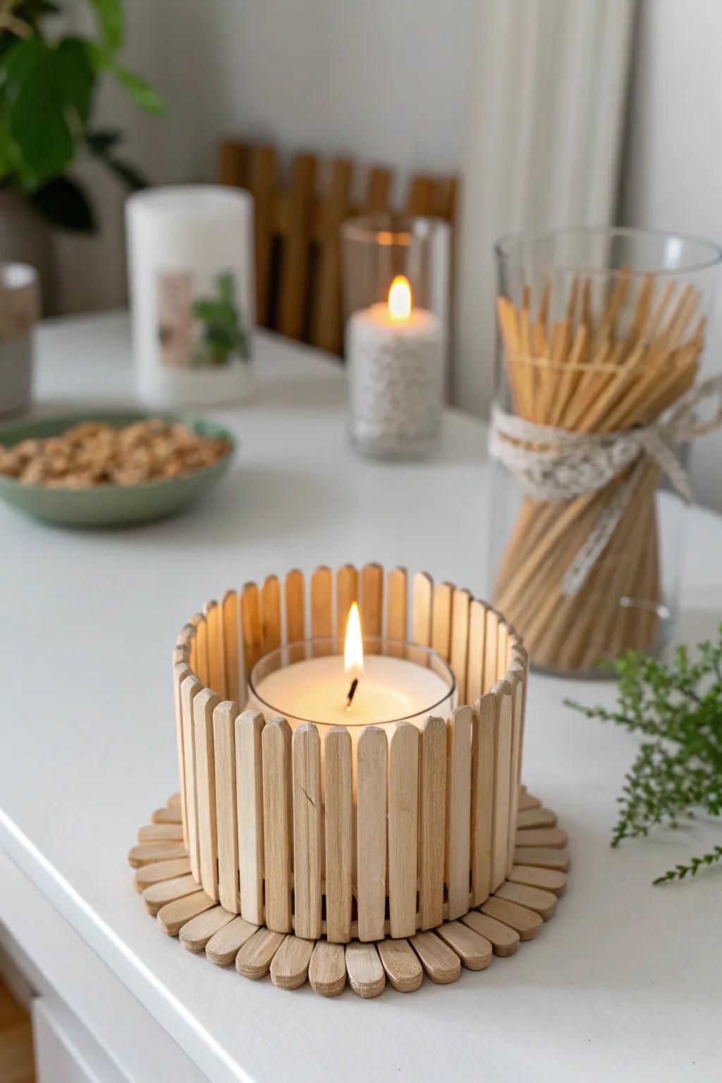 Illuminate your area with the pristine elegance of a DIY popsicle stick sparkle base.