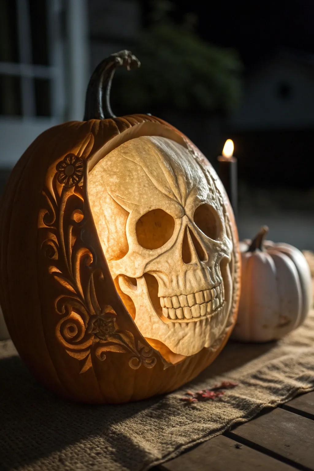 Unveil the mystery with a half-skull pumpkin carving masterpiece.