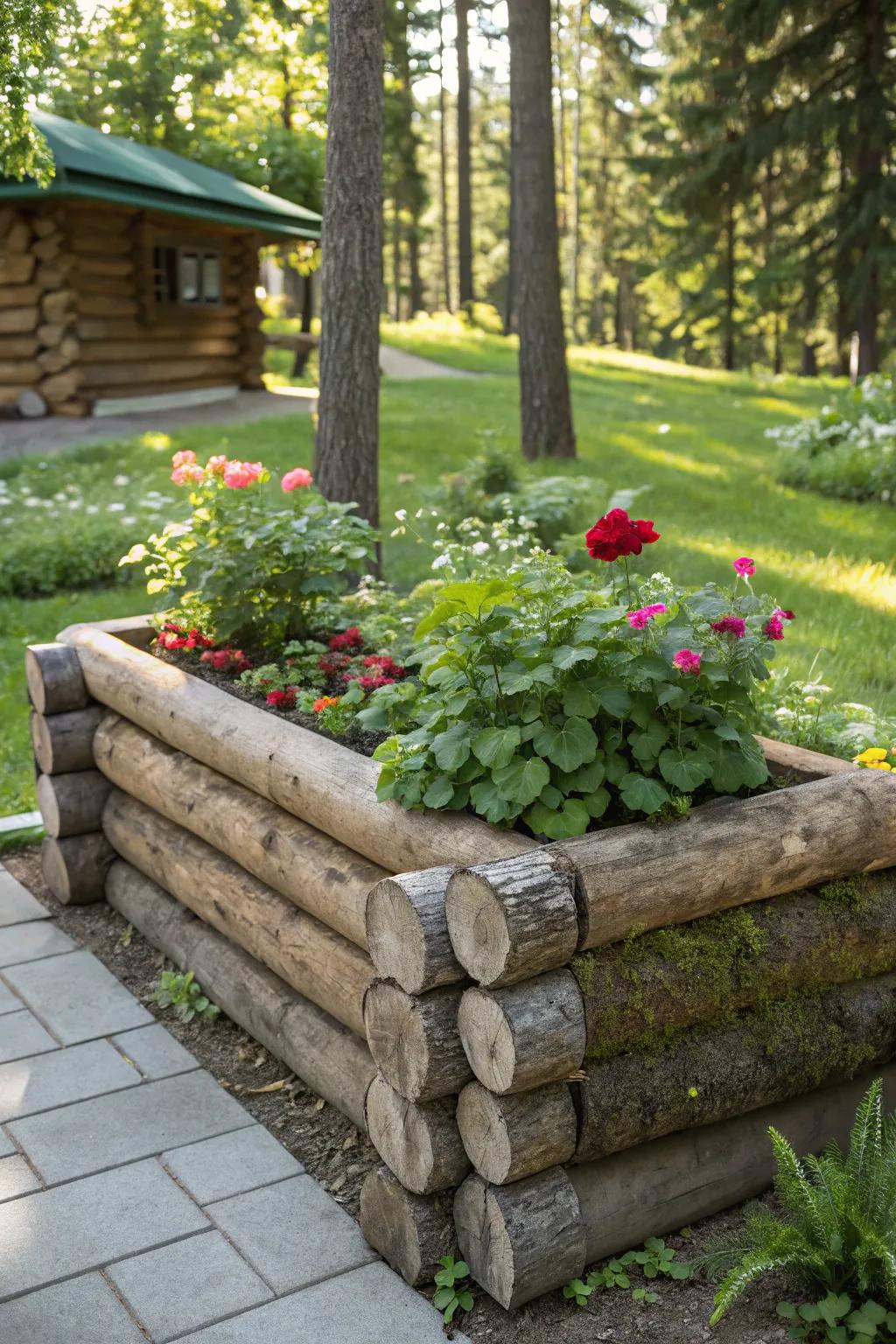 Embrace countryside charm with a log-built raised flower bed, flawless for a peaceful garden hideaway.