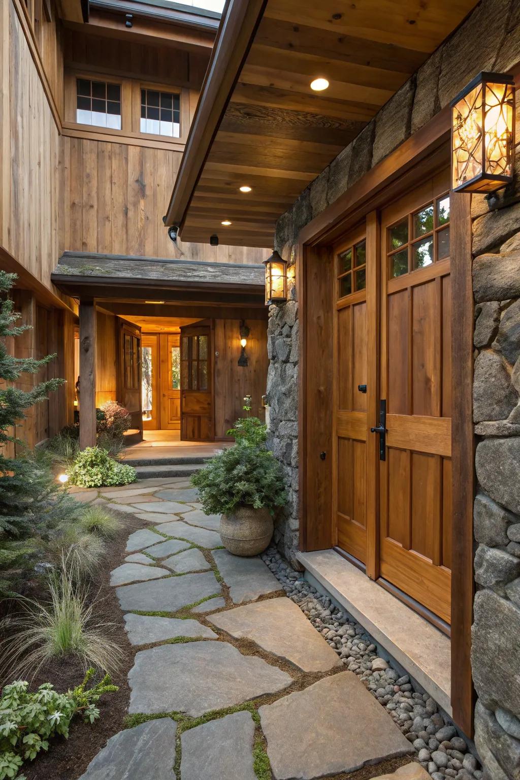 Natural materials bestow a grounding, tranquilizing effect within the entryway.
