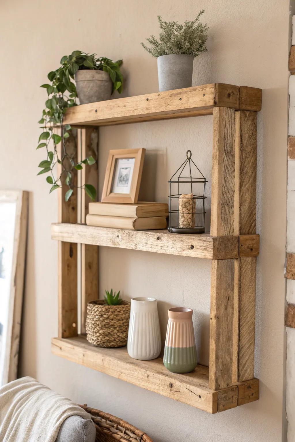 Alter your environment through the rustic charisma of reclaimed skid wood shelvings, exemplifying a flawless convergence of plainness and style.