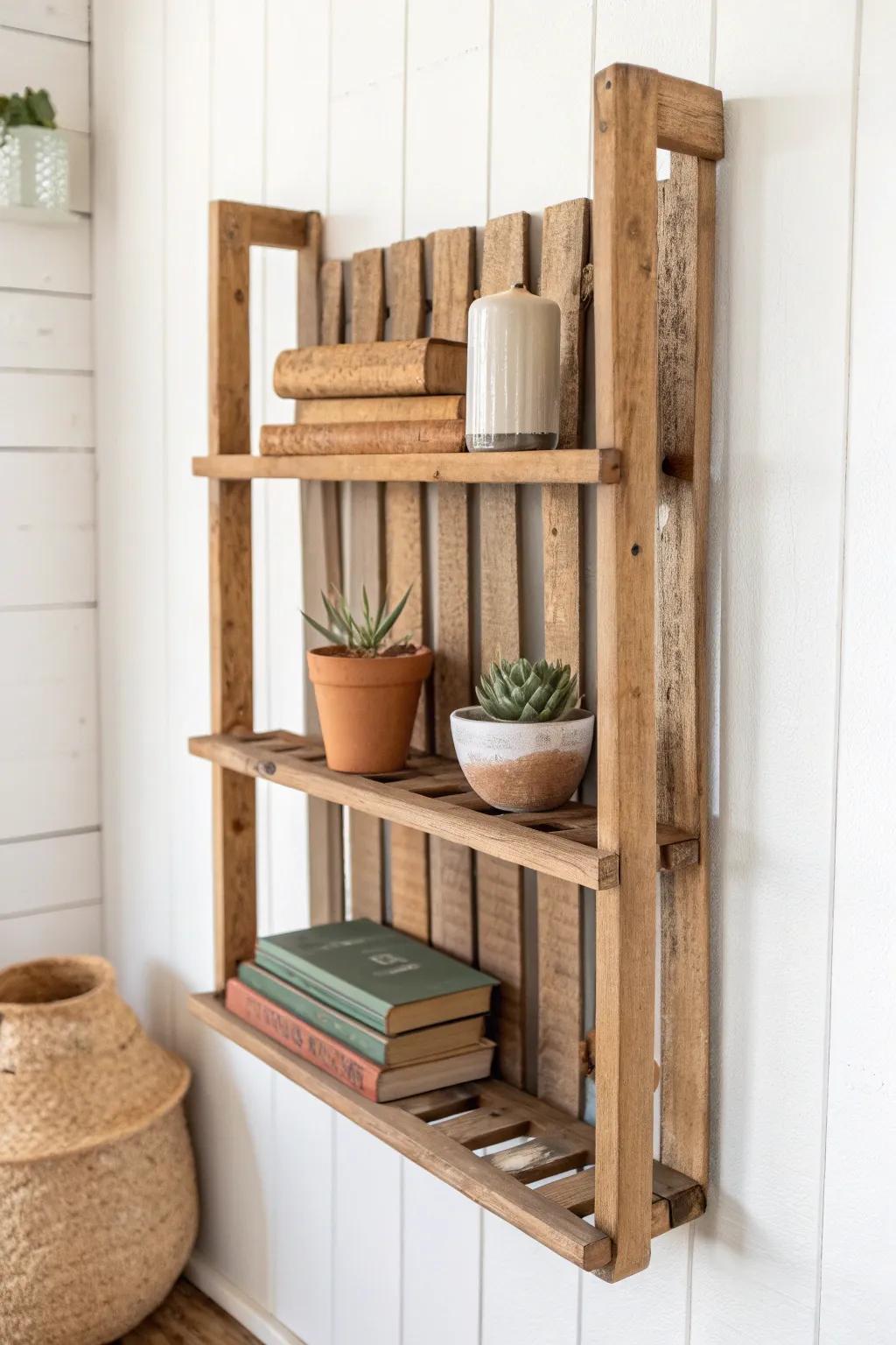 Transform your space with a touch of rustic charm using a repurposed bed frame shelf.