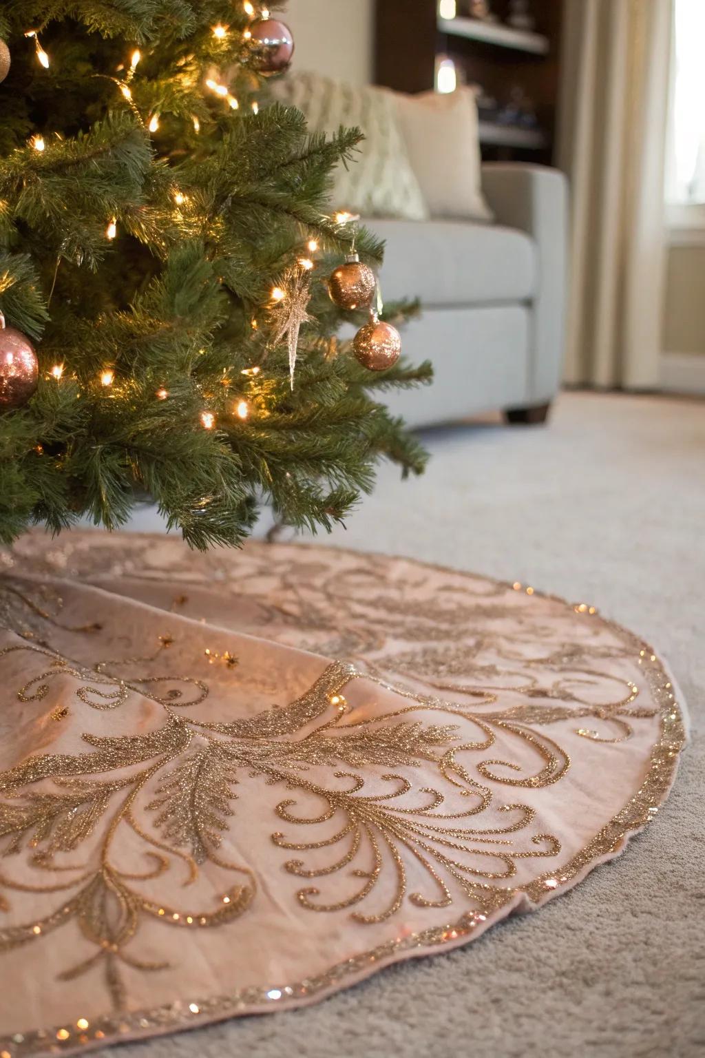 A sophisticated roseate arbor skirt finalizes the tree's presentation.
