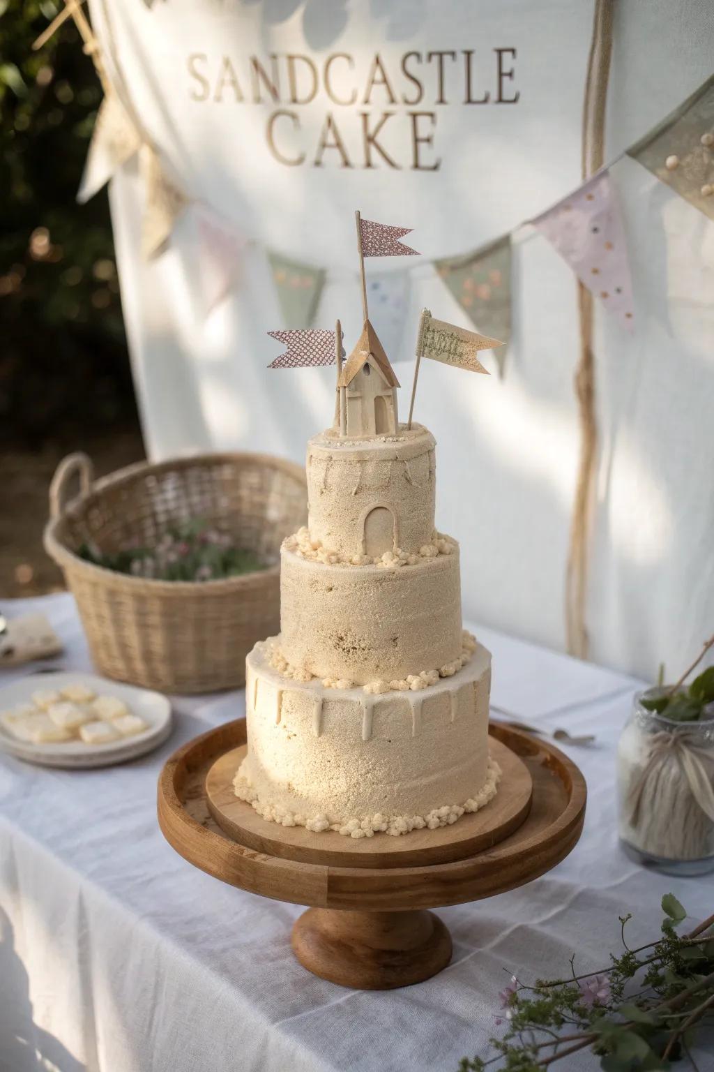 Elevate your sandcastle cake with charming flag accents for a touch of playful sophistication.