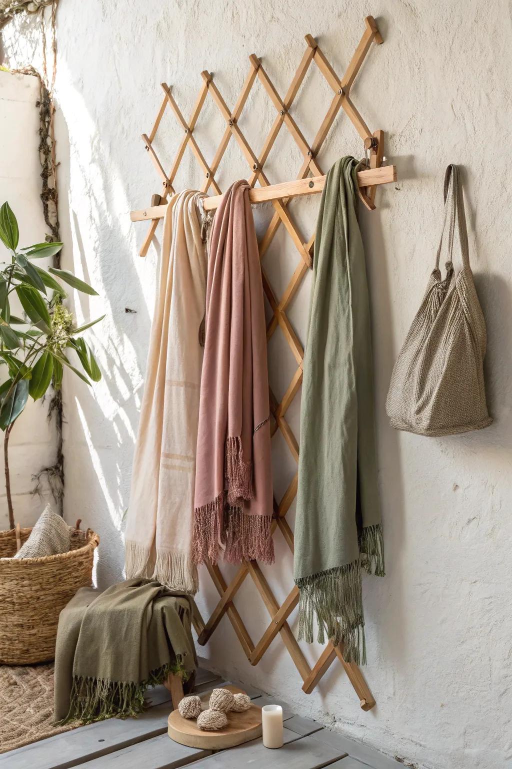 Effortlessly stylish and practical: this accordion drying rack elegantly displays your favorite scarves while blending with minimalist decor.