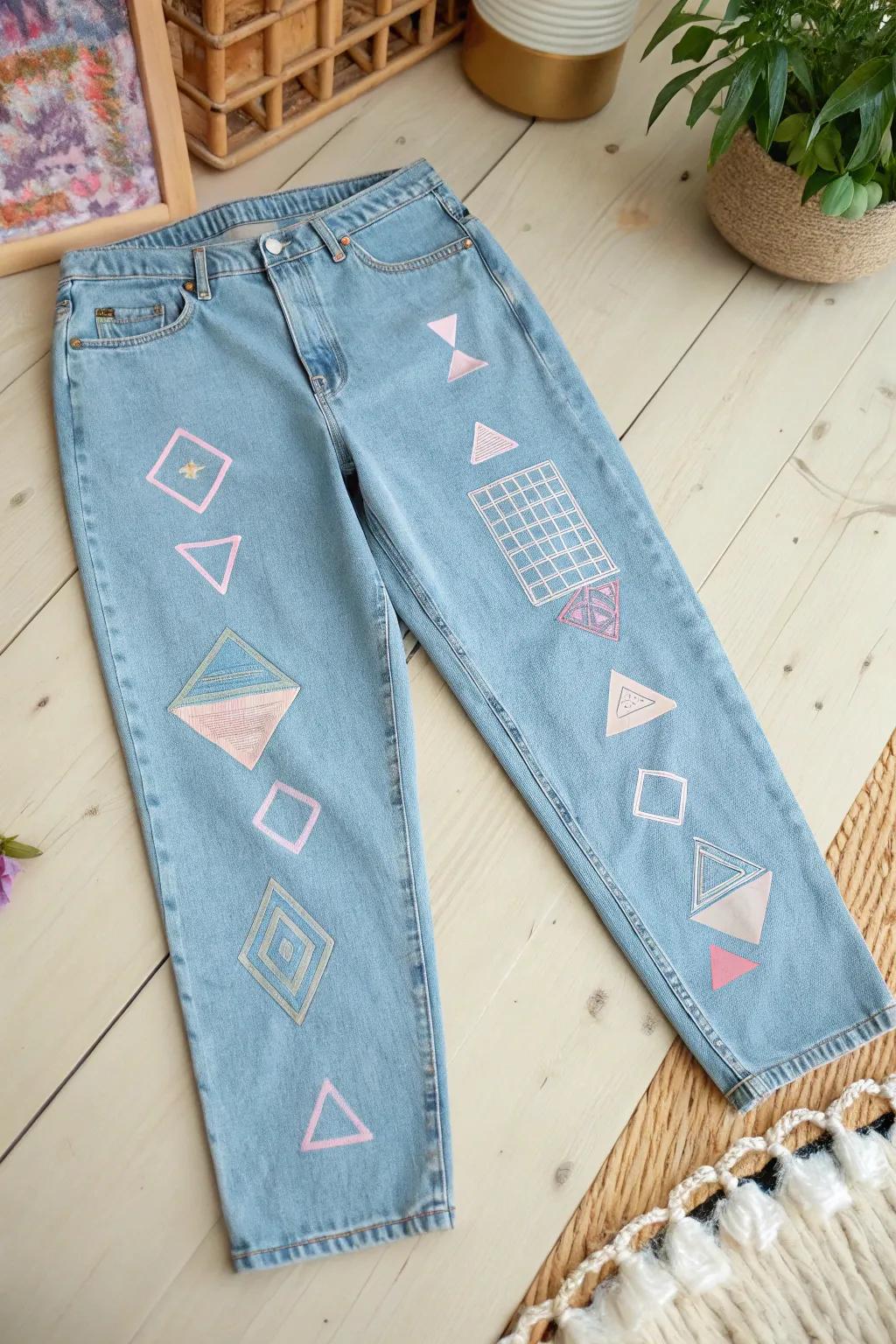 Turn your jeans into a canvas of geometric wonders, blending Scandinavian minimalism with Boho charm.
