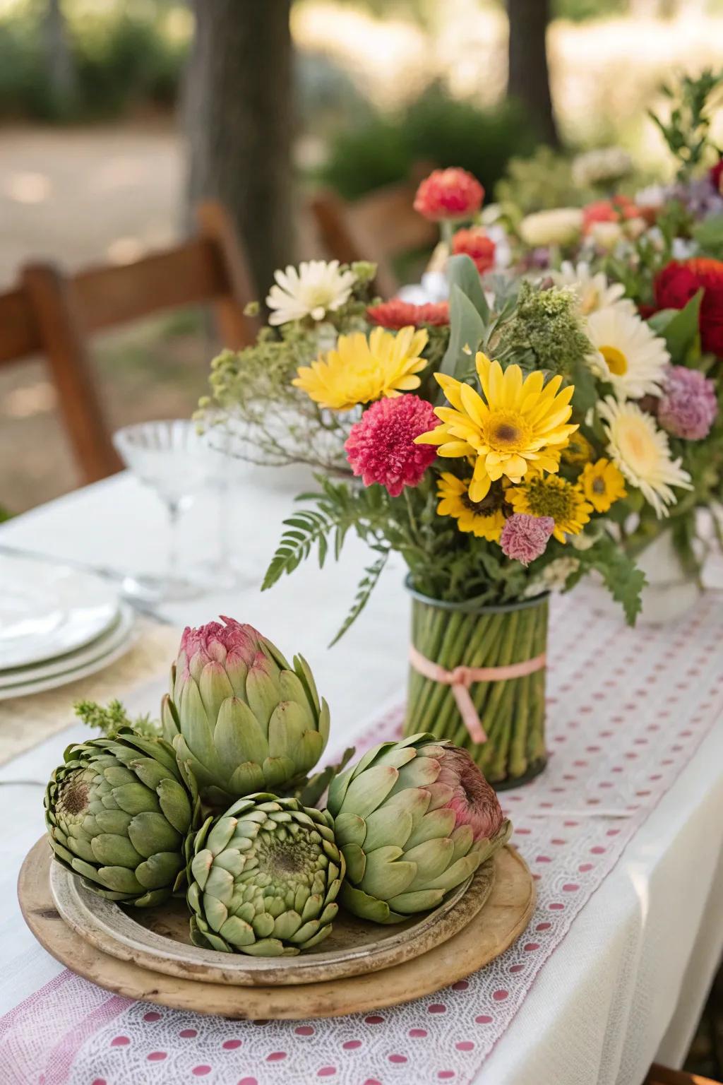 Unconventional complements such as artichokes introduce playfulness to arrangements.