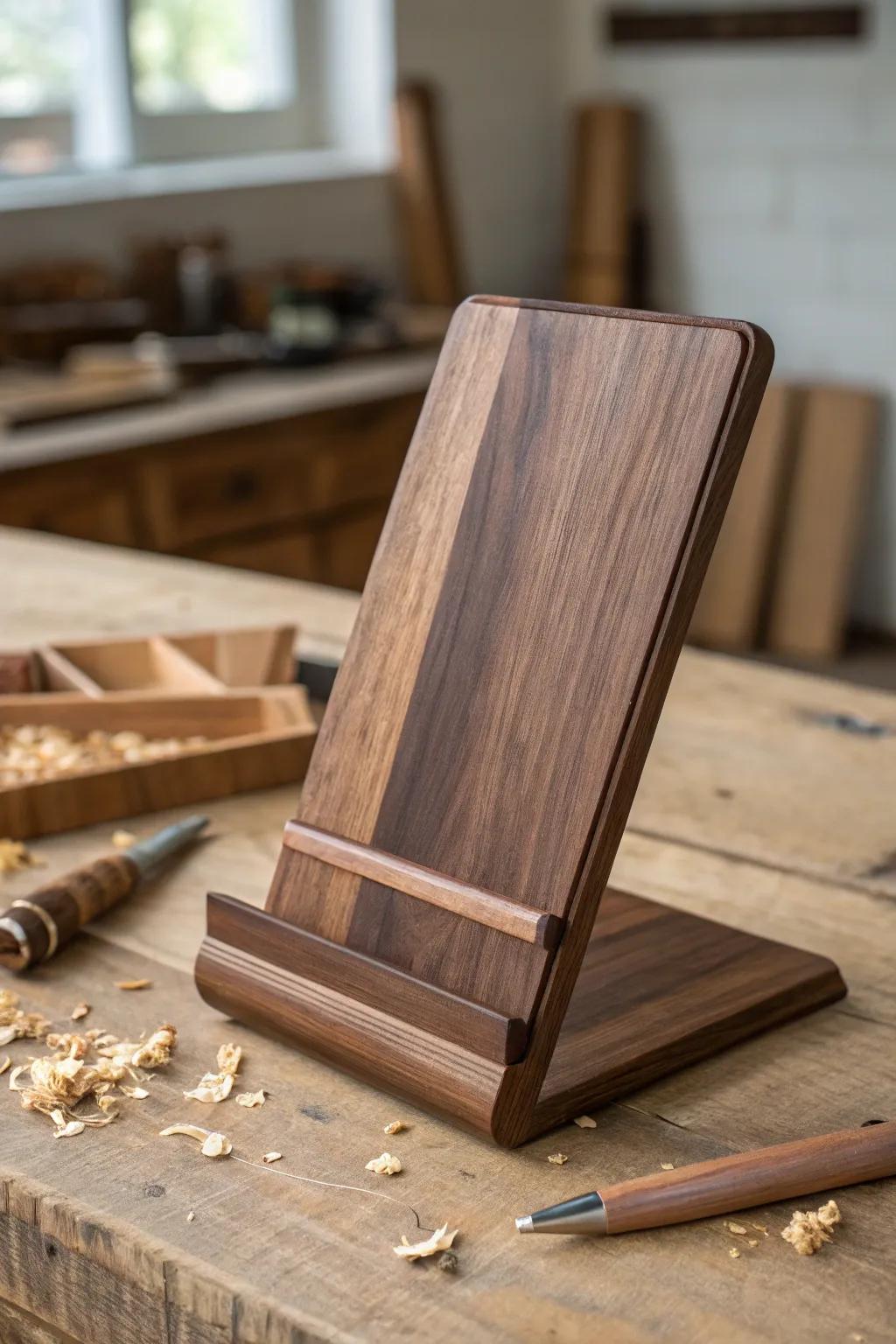 Elevate your work area with an artisanal walnut slate prop, where polish meets functionality.