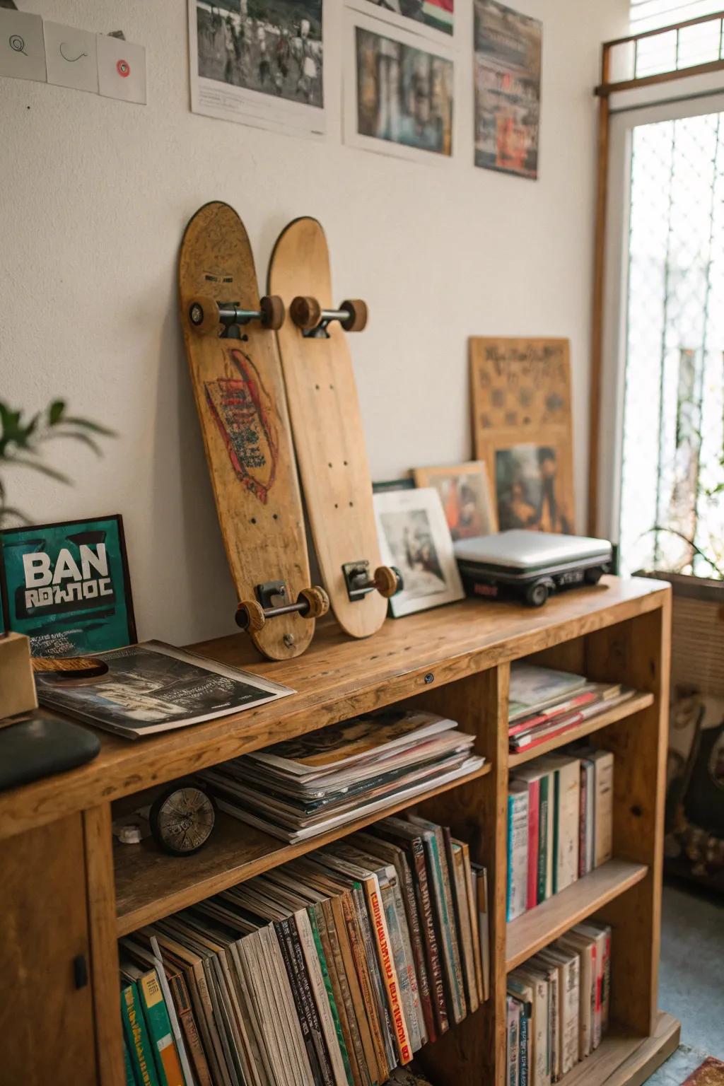 Skateboard surfaces cleverly utilized as bookends on a shelf.