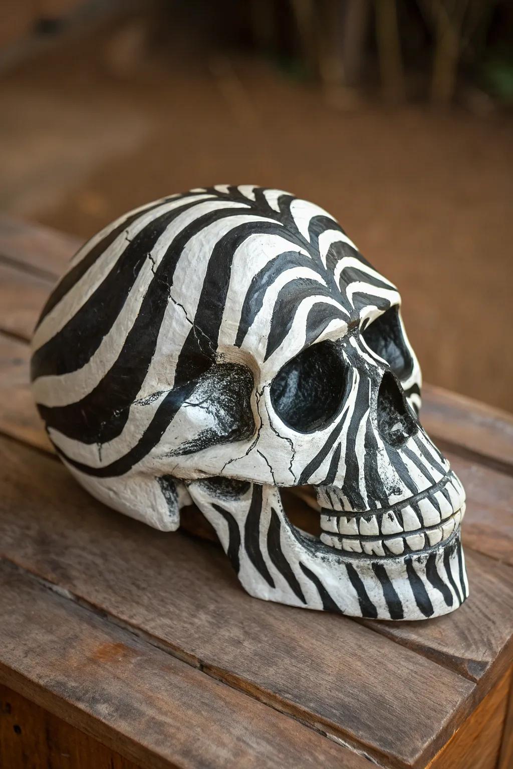 Embrace the wilderness: A zebra-striped skull masterpiece for the brave artisan.