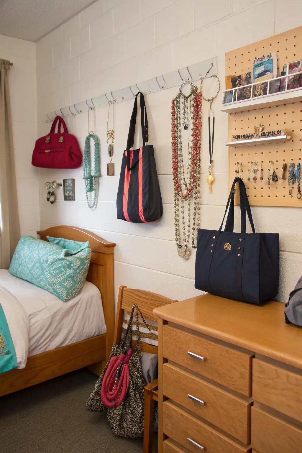 Adhesive hooks maximize area by providing additional hanging options.