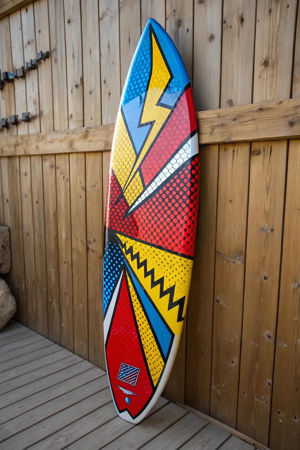 Surf with a pop art masterpiece – bold, vibrant, and uniquely yours.