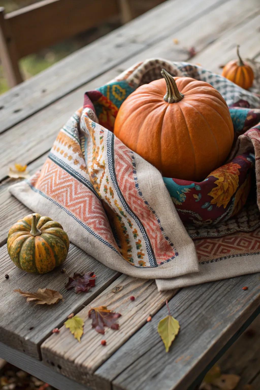 A chic pumpkin enveloped in stylish patterned fabric.