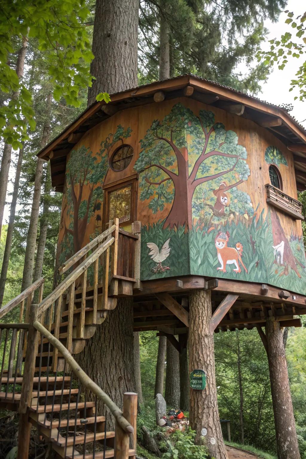 Elevate your treehouse via an artistic mural that breathes life into the woodland.