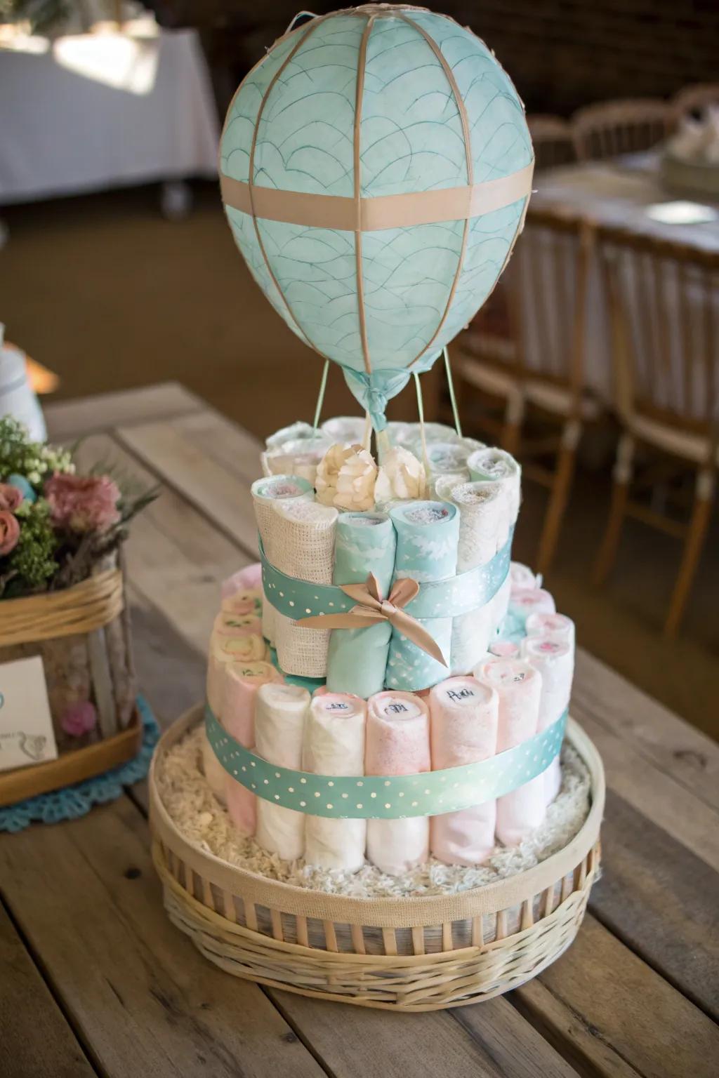 Ascend to new elevations through this charming classic sky balloon diaper cake, a flawless fusion of ingenuity and skill.