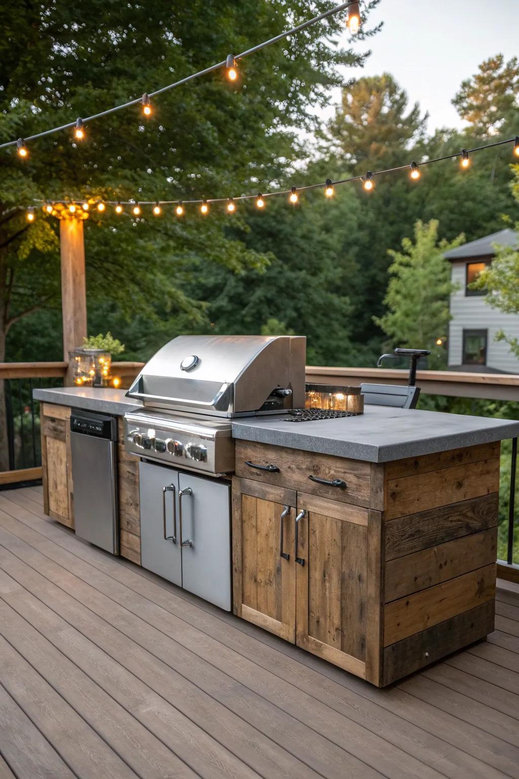 Elevate your outdoor cooking experience with a beautifully crafted kitchen on a vinyl floor.