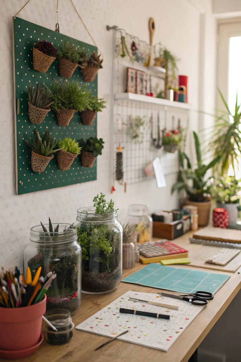 A creative workspace featuring DIY mason preservation vessel terrariums, each personalized through singular flora selections.