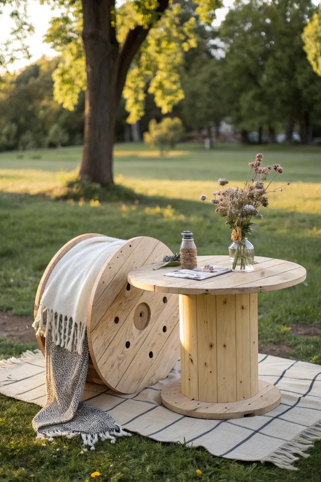 With a charming wooden spool picnic table where simplicity meets style, you can enhance your outdoor eating experience.
