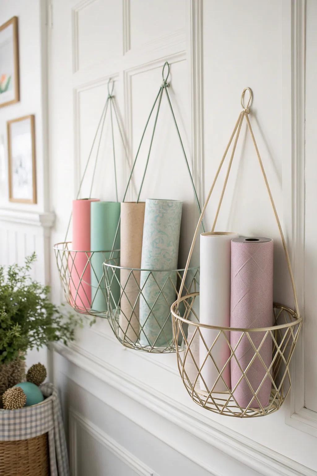 Elevate your gift-wrapping station with these elegant wire baskets, blending Scandinavian simplicity with boho flair.