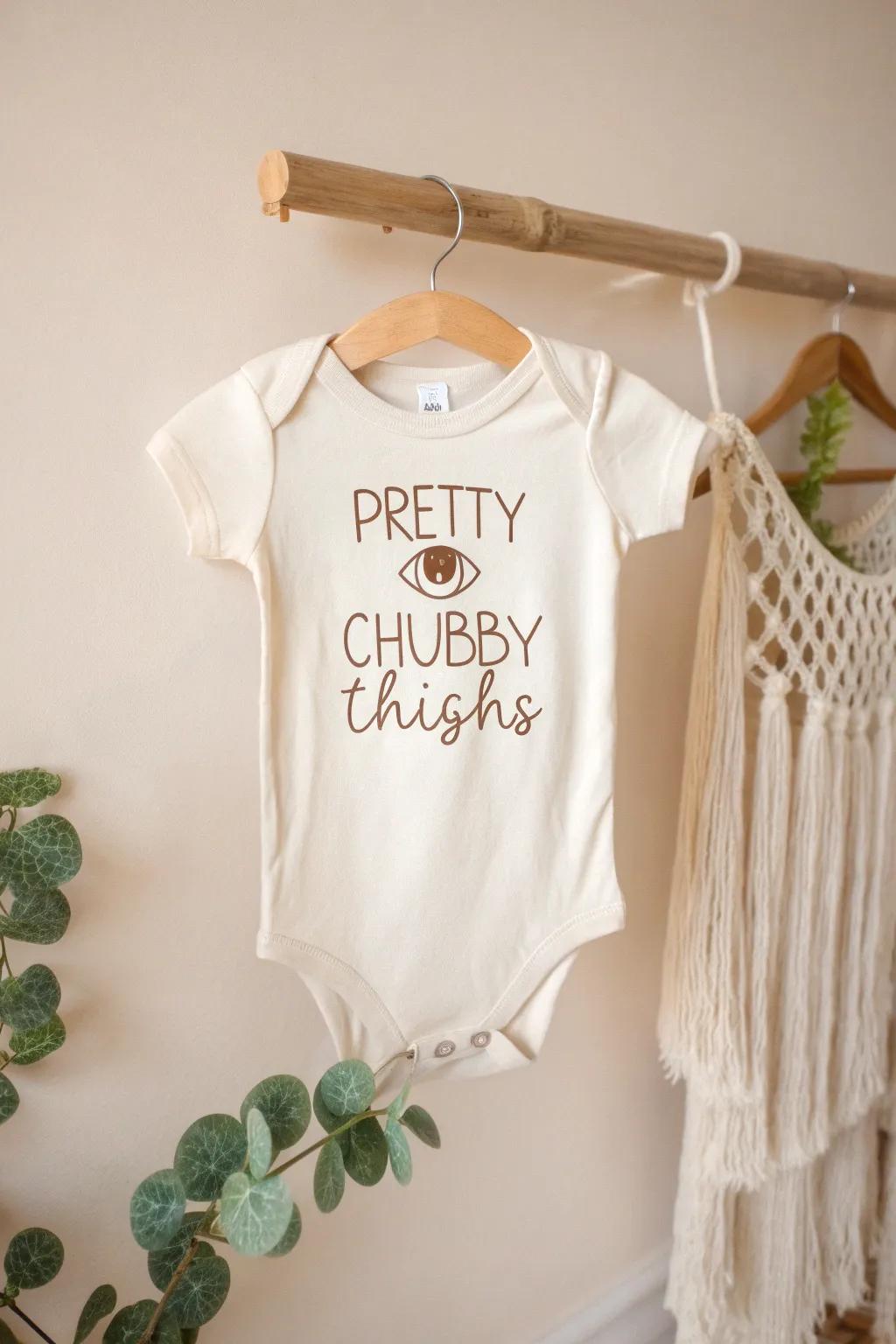 Celebrate your little one's charm with this adorable 'Pretty Eyes, Chunky Thighs' onesie.