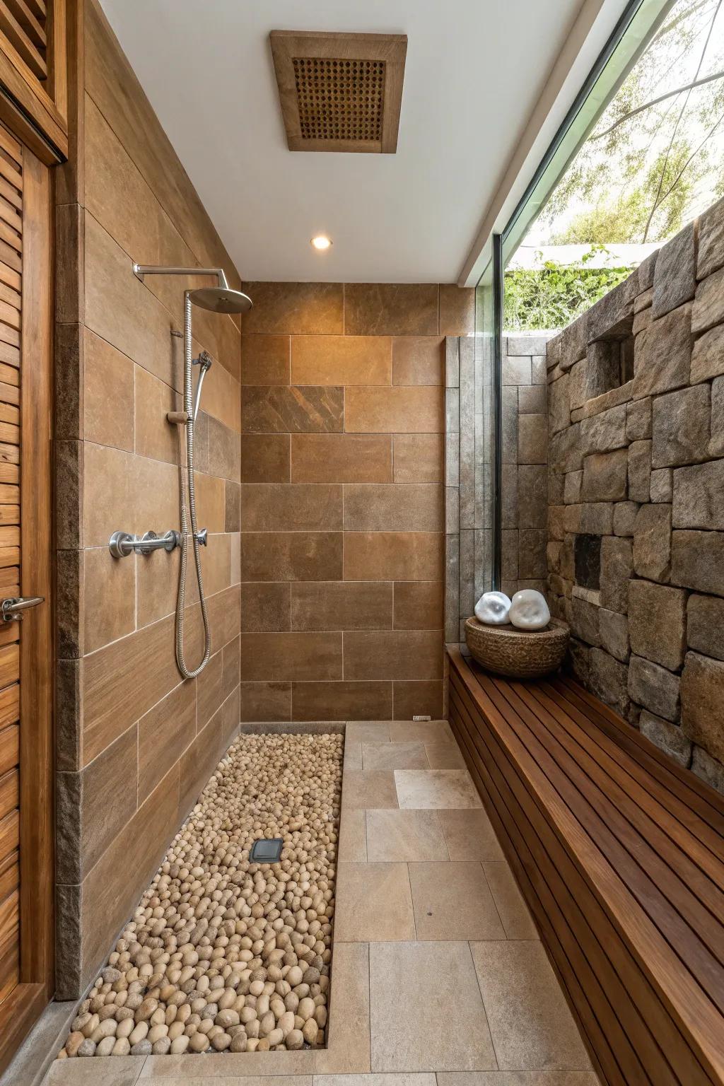 A Zen retreat awaits with a harmonious intermix of chocolate tiling.