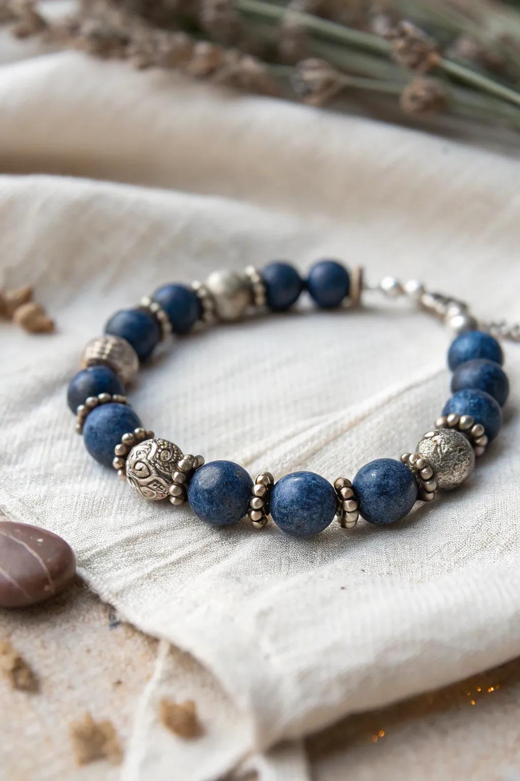 Don the cosmos upon your wrist with this enchanting sapphire clay bead bracelet.