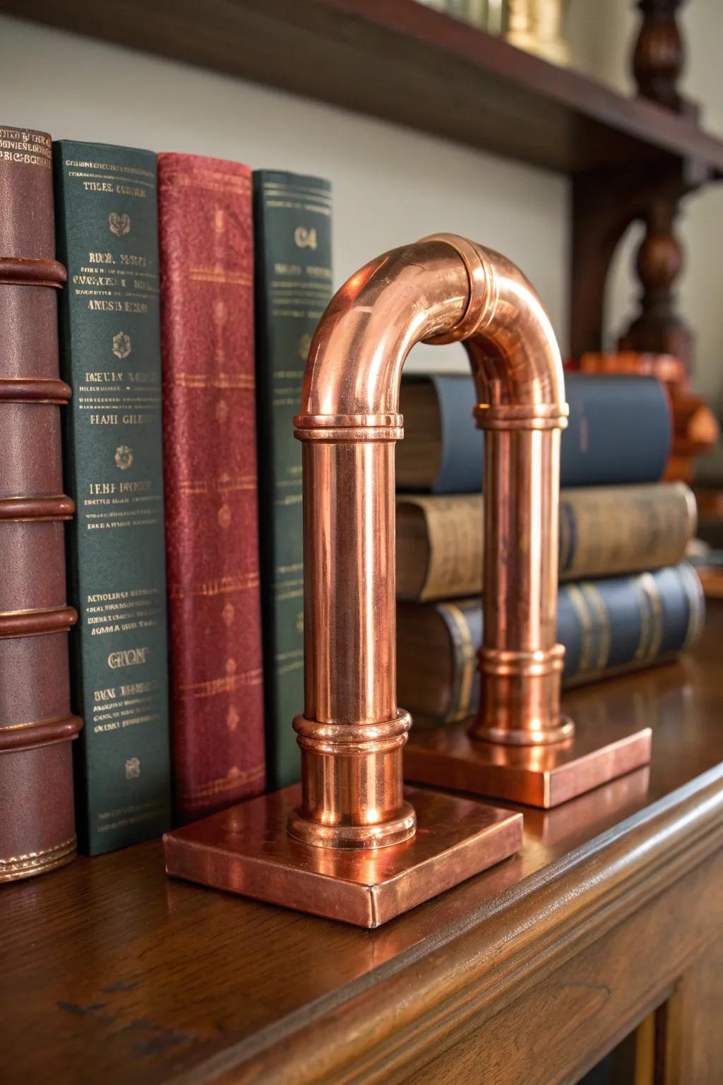 Enhance your bookshelf with the industrial charm of handcrafted copper pipe section dividers.
