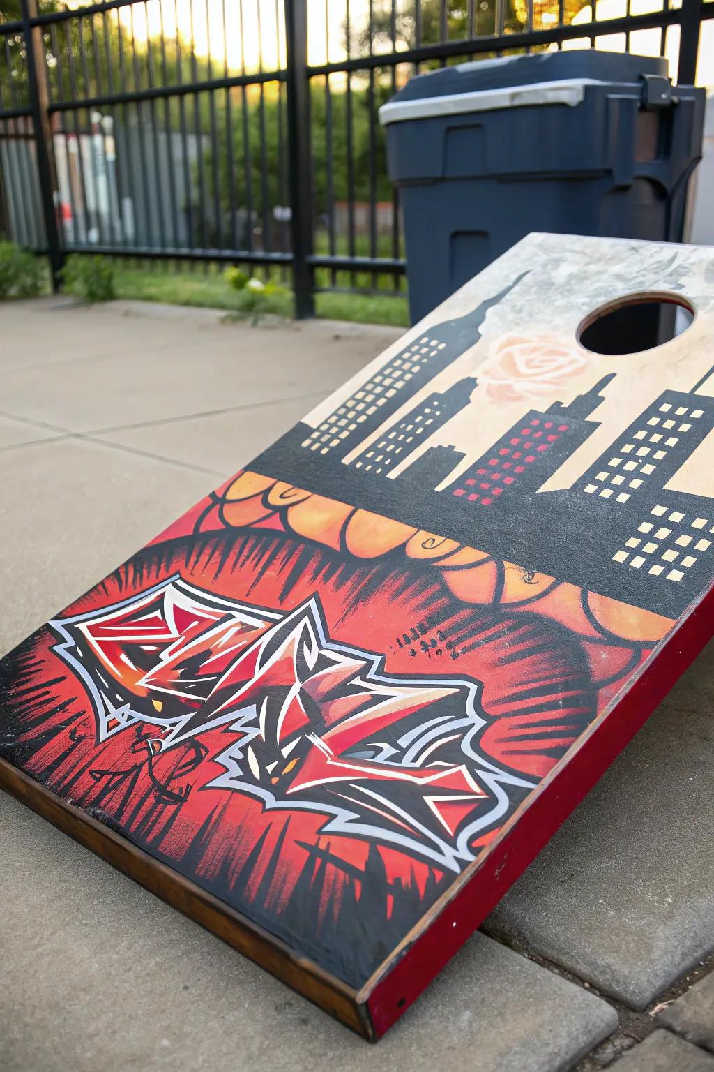 Release urban artistry at your subsequent gathering through this daring street art-vogue cornhole board. 🎨🖌️ #Craftsmanship #UrbanArt