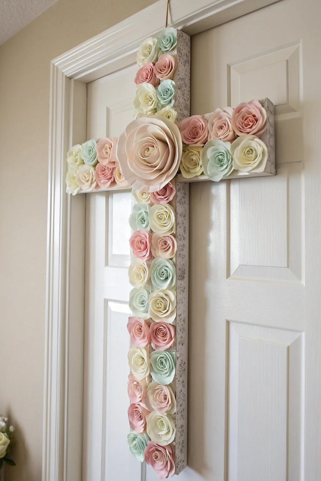 Elevate your space with a touch of artistry: a tiered paper cross door decoration blending minimalist elegance with boho charm.