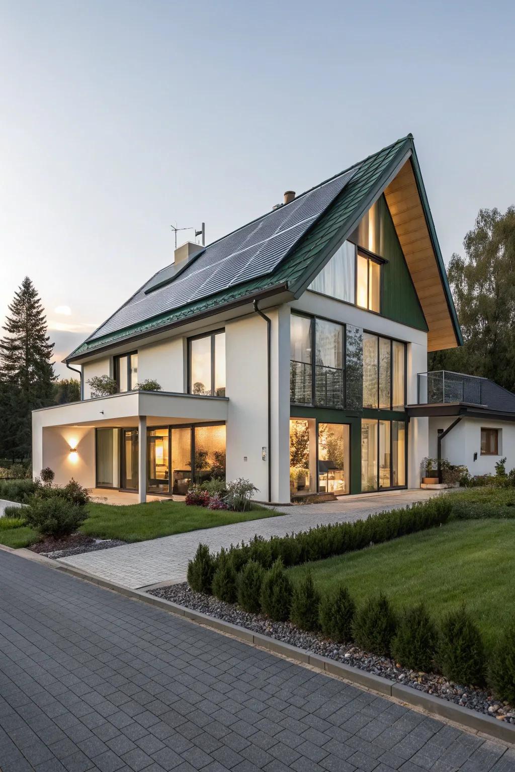 A sustainable home featuring solar collectors and green technologies.